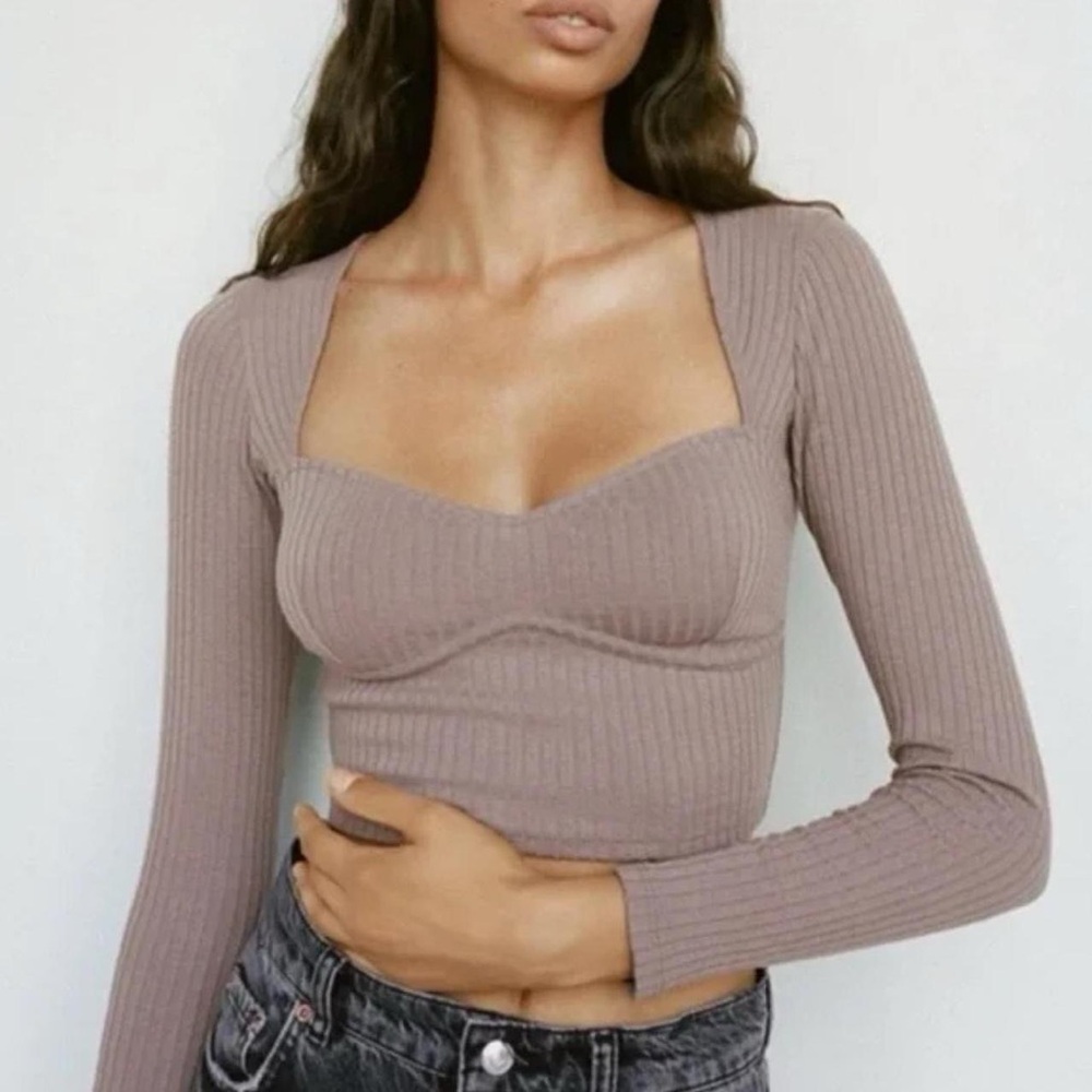 Zara Ribbed Long Sleeve Crop Top in Taupe